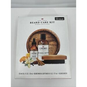 Cremo Mens Beard Grooming 3-PC Kit Wash/Softener-Oil-Brush Bourbon Vanilla Scent